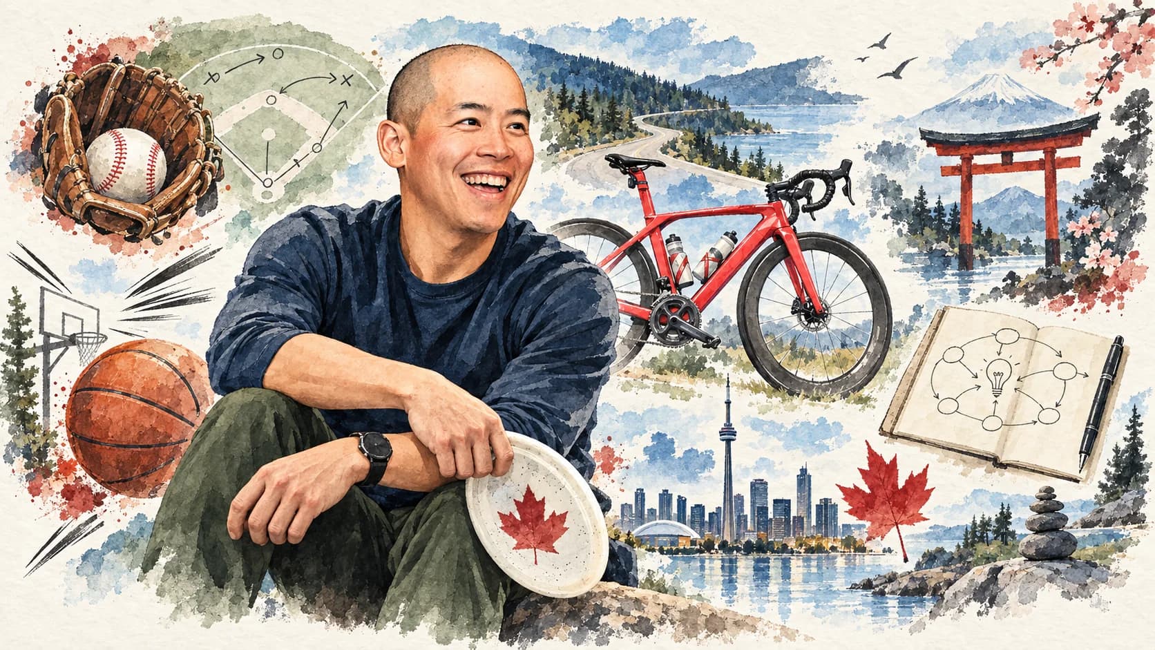 Watercolor collage of Walter's interests, including cycling, baseball, basketball, ultimate frisbee, Japanese culture, Toronto, and systems thinking.