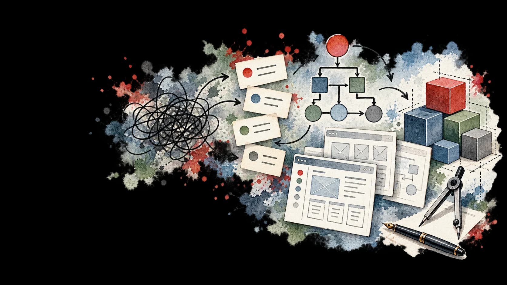 Watercolor illustration of ambiguity resolving through decisions into a working product system.