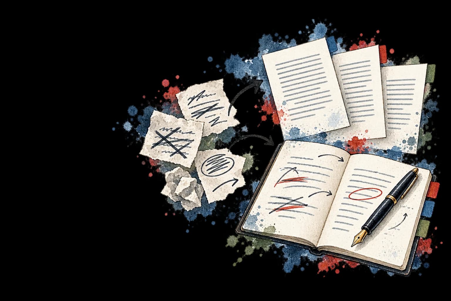 Watercolor illustration of rough notes being refined into a notebook and finished essays.