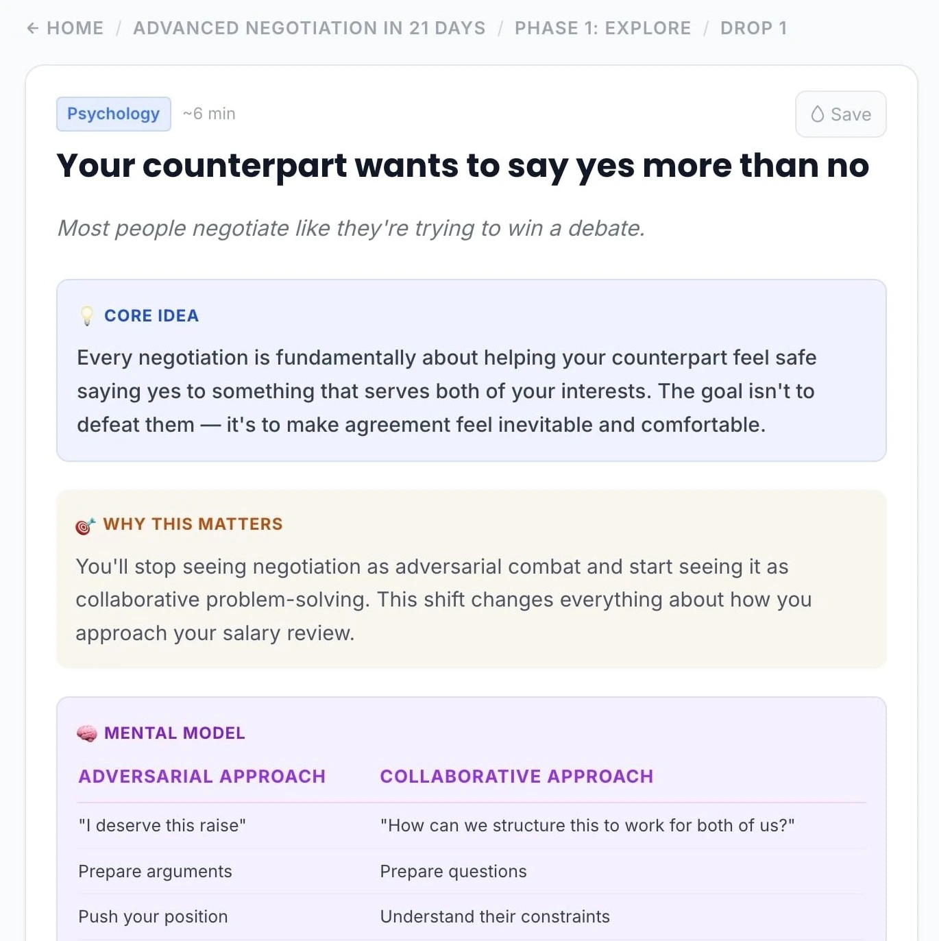 A Droplet lesson showing a core idea, why it matters, and a comparison between adversarial and collaborative negotiation approaches.