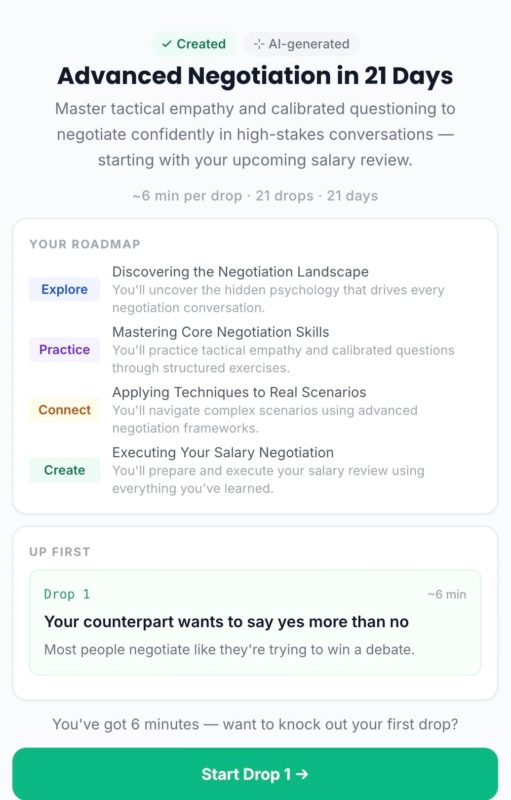 Droplet’s generated Advanced Negotiation learning path, organised into Explore, Practice, Connect, and Create phases with a first six-minute Drop.